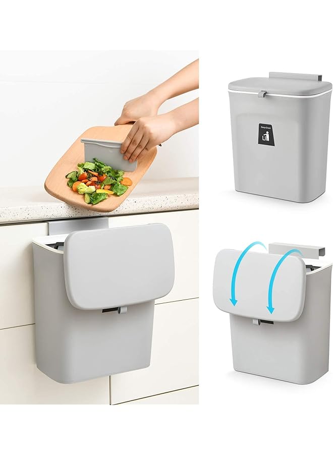 Tiyafuro 2.4 Gallon Kitchen Compost Bin for Counter Top or Under Sink, Hanging Small Trash Can with Lid for Cupboard/Bathroom/Bedroom/Office/Camping, Mountable Indoor Compost Bucket, Gray - Image 1