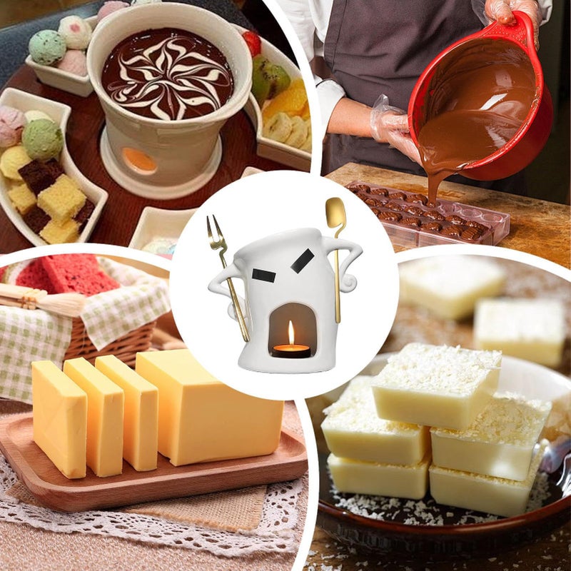 White Ceramic Fondue Mug with Candle Warmer and Utensils for Chocolate Cheese Fruits - Image 5