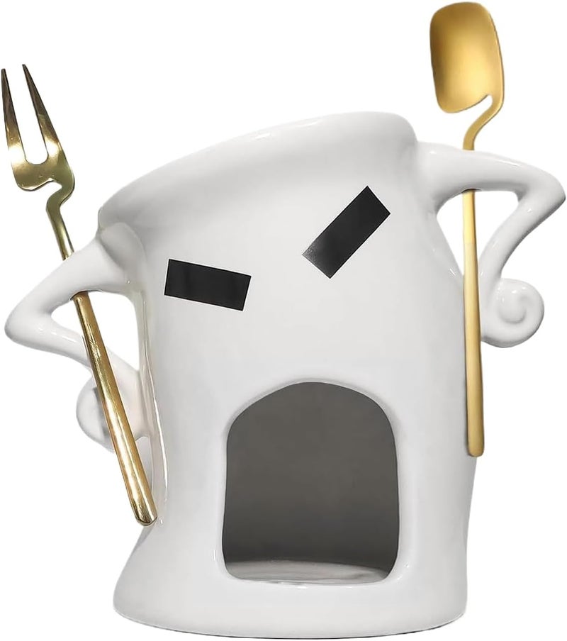 White Ceramic Fondue Mug with Candle Warmer and Utensils for Chocolate Cheese Fruits - Image 1