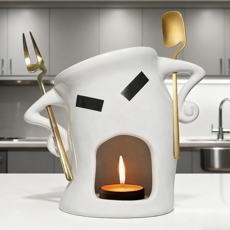 White Ceramic Fondue Mug with Candle Warmer and Utensils for Chocolate Cheese Fruits - Image 4