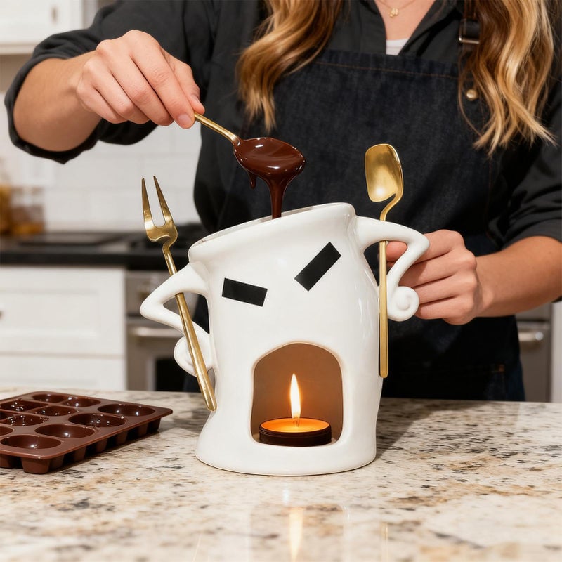 White Ceramic Fondue Mug with Candle Warmer and Utensils for Chocolate Cheese Fruits - Image 3