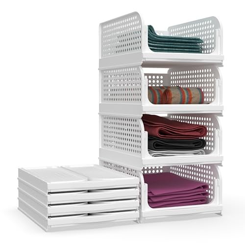 Skrill Pack of 4 Foldable, Sliding & Stackable Plastic Wardrobe Organizer for Storage Clothes | Ideal Wardrobe Shelf Organiser for Innerwear, Shirt, Socks | WHITE - Image 1