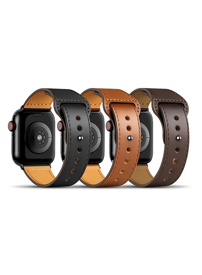 O Ozone (Pack of 3) Leather Straps Compatible With Apple Watch Series 10 | 9 | 8 | 7 | 6 | SE | 5 | 4 | 3 | 2 |1, 38/40/41/42mm, Genuine Leather Replacement Smartwatch Wristband For Men Women- Black/Brown/Dark Brown - Image 1