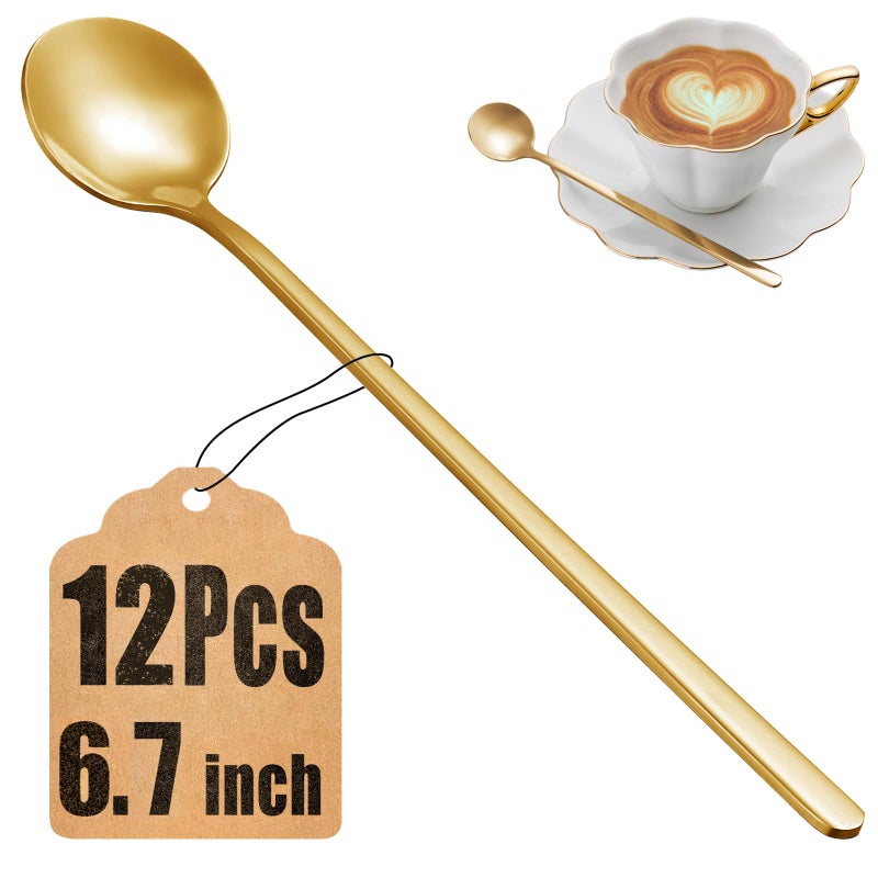 12 Pcs Coffee Spoons Set 67 Gold Tea Spoons Long Handle Gold Small Teaspoons Stainless Steel Espresso Spoon Long Spoon for Stirring Coffee Bar Accessories