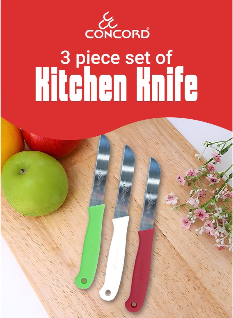 CONCORD 3 Piece Kitchen Knife Set, Stainless Steel Blade, Comfortable Grip Handle, Non Slip & Light Weight Kitchen Knives for Daily Use, Multicolor - Image 3