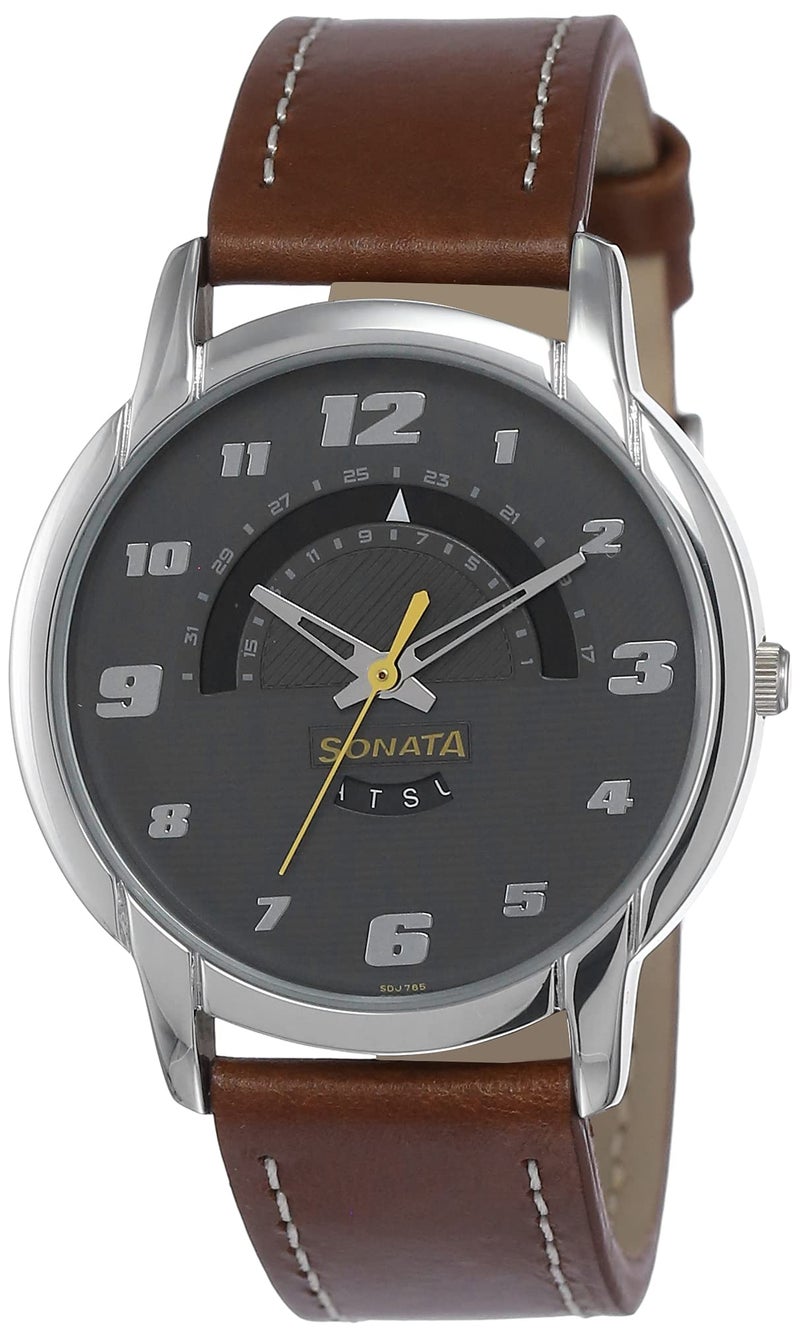 Sonata Watch for Men, Automatic Movement, Analog Display, Brown Leather Strap-NP77031SL03