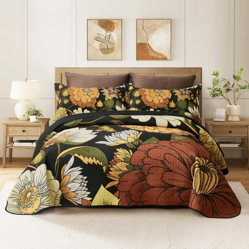 Tyrot 3 Piece Black Boho Floral FullQueen Quilt Sets Reversible Farmhouse Botanical Lightweight Bedspread Coverlet with 2 Shams Mid Century Microfiber Bedding Quilts Set for All Season 90x96