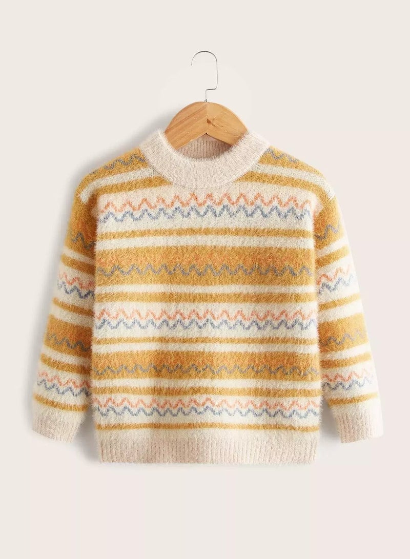 Toddler Boys Chevron & Stripe Pattern Fuzzy Sweater - Image 1