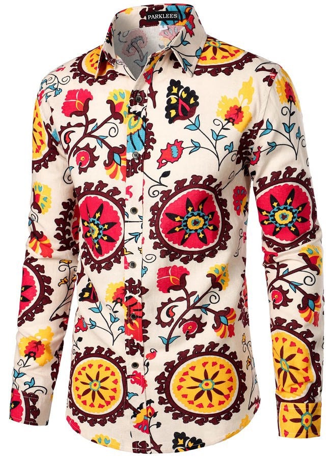 PARKLEES Mens Retro Traditional Ethnic Pattern Printed Linen Long Sleeve Button Down Shirt, Beige Yellow, M - Image 2