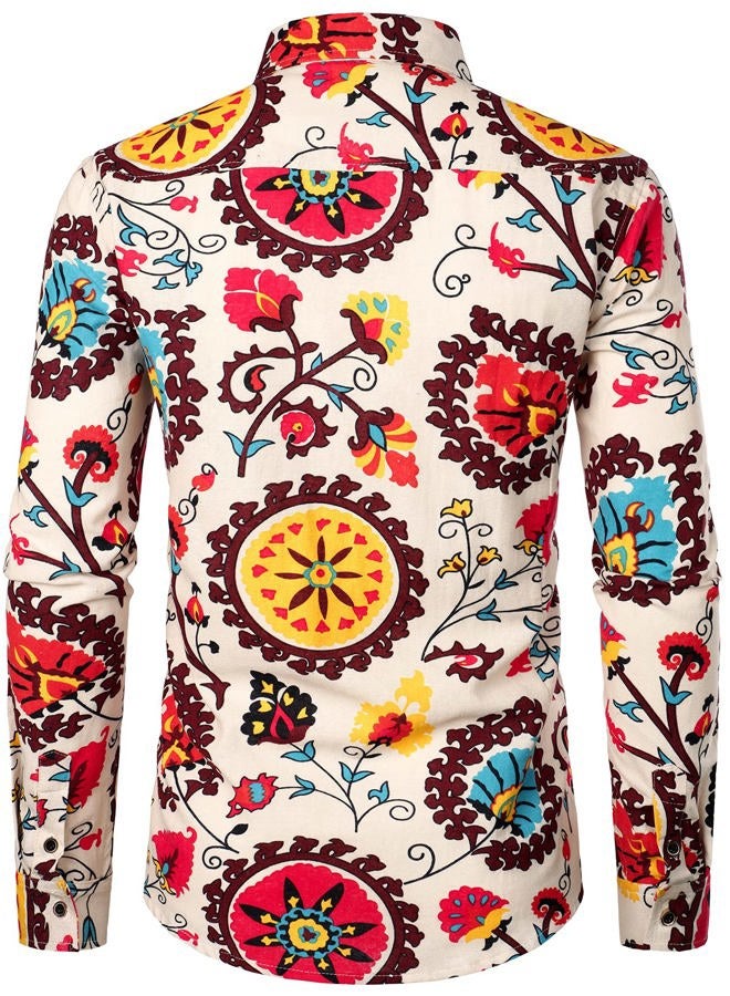 PARKLEES Mens Retro Traditional Ethnic Pattern Printed Linen Long Sleeve Button Down Shirt, Beige Yellow, M - Image 3