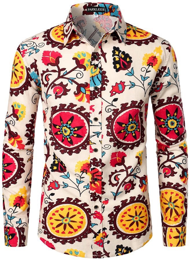 PARKLEES Mens Retro Traditional Ethnic Pattern Printed Linen Long Sleeve Button Down Shirt, Beige Yellow, M - Image 1