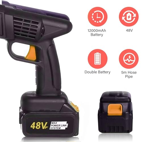 Pivalo 48V Double Battery Cordless High Pressure Washer with Adjustable 3 in 1 Nozzle, 5M Hose Pipe & Foam Cannon Portable Water Sprayer Gun Machine for Car Washing & Bike Cleaning (Black & Yellow) - Image 4