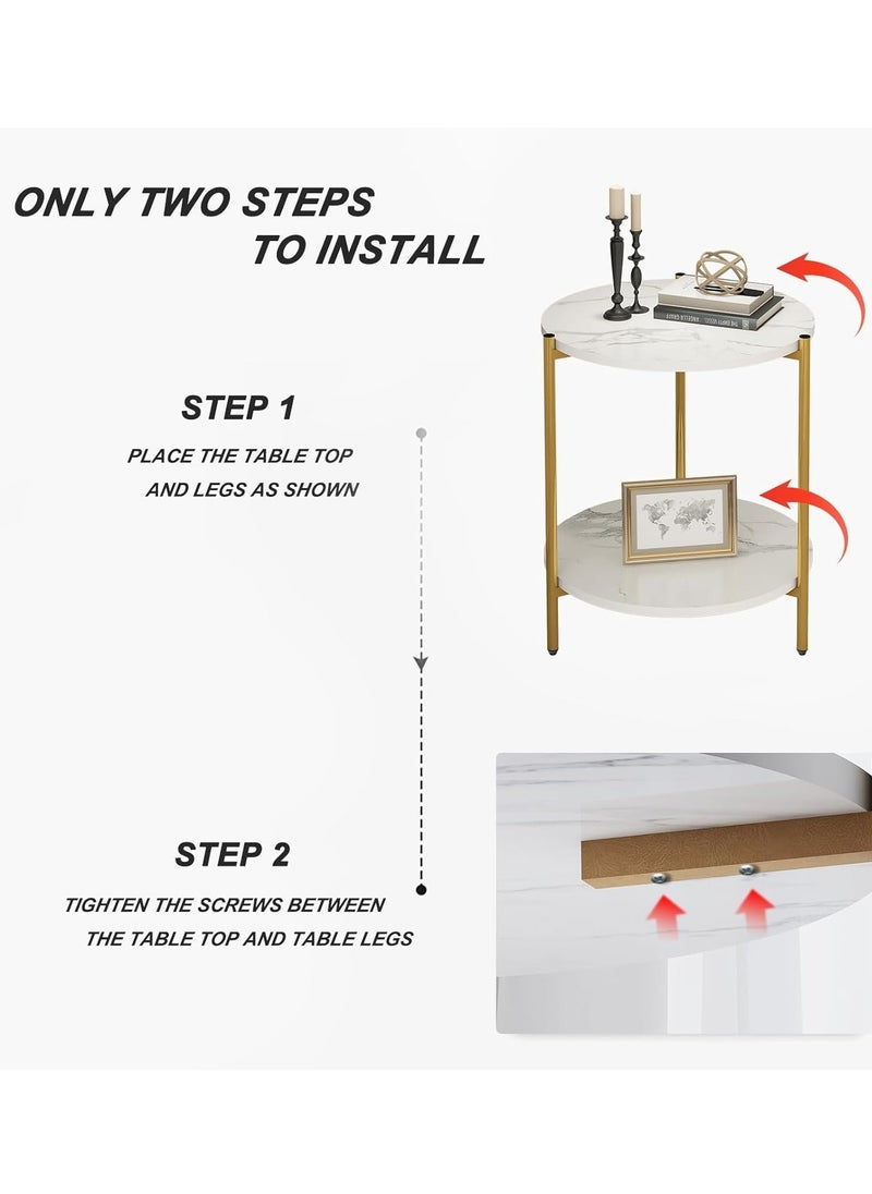 "Two-Tier Circular Tea and Coffee Side Table MDF White/Gold 40X40X42 cm