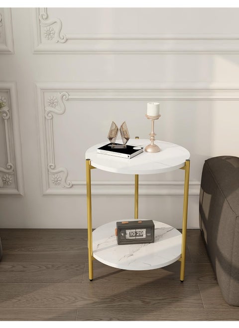 "Two-Tier Circular Tea and Coffee Side Table MDF White/Gold 40X40X42 cm