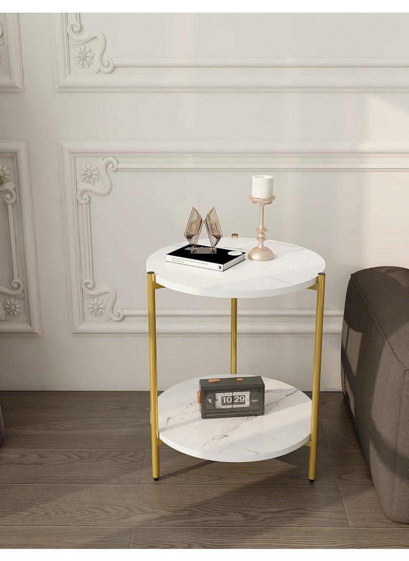 "Two-Tier Circular Tea and Coffee Side Table MDF White/Gold 40X40X42 cm
