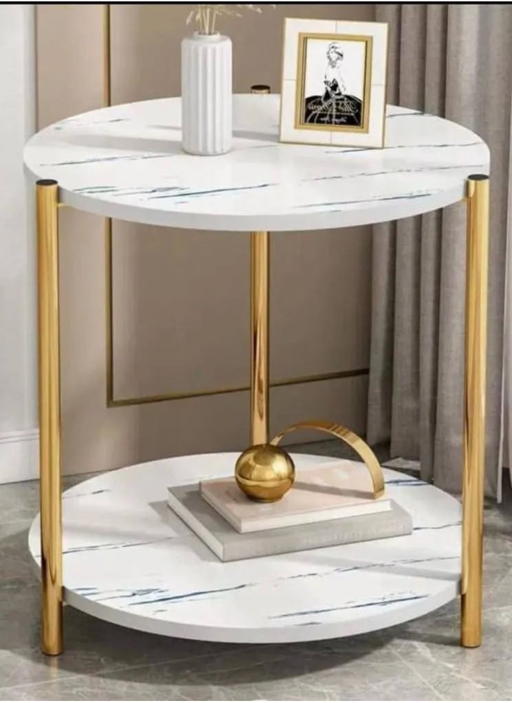 "Two-Tier Circular Tea and Coffee Side Table MDF White/Gold 40X40X42 cm
