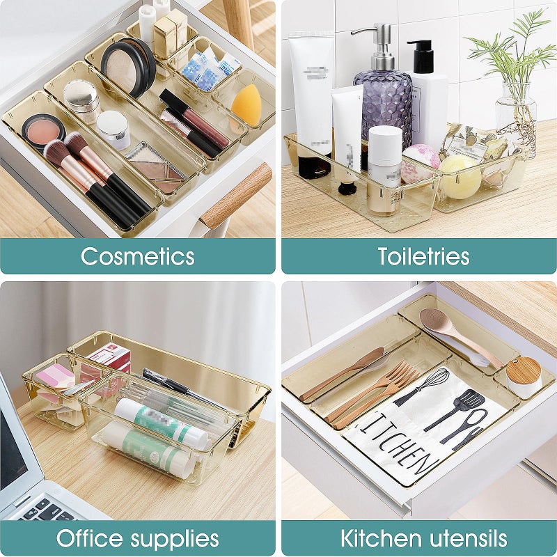WOWBOX 25 PCS Plastic Drawer Organizer Set, 4 Sizes Desk Drawer Divider Organizers and Storage Bins for Makeup, Jewelry, Gadgets for Kitchen, Bedroom, Bathroom, Office, Clear Champagne - Image 5