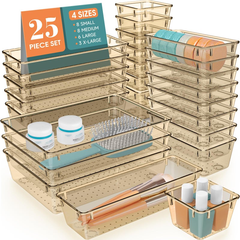 WOWBOX 25 PCS Plastic Drawer Organizer Set, 4 Sizes Desk Drawer Divider Organizers and Storage Bins for Makeup, Jewelry, Gadgets for Kitchen, Bedroom, Bathroom, Office, Clear Champagne - Image 1