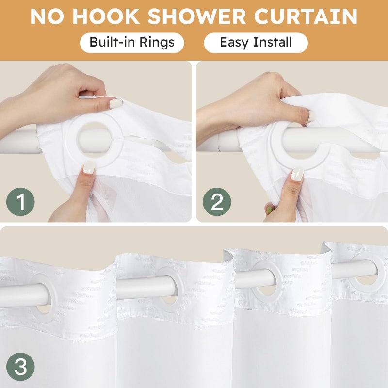 FADOTY No Hook Shower Curtain and Snap in Liner Set White Tufted Chevron Striped Cloth Waterproof Washable Fabric Boho Bath Curtain with See Through Mesh Top Window for Bathroom Hotel 71"" x 74"" - Image 2
