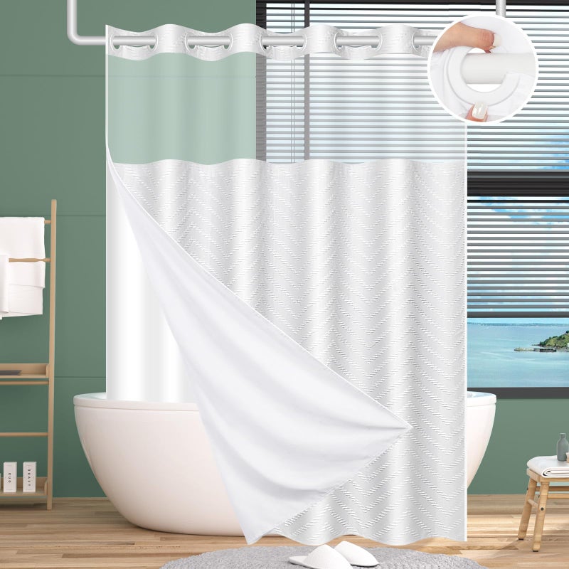 FADOTY No Hook Shower Curtain and Snap in Liner Set White Tufted Chevron Striped Cloth Waterproof Washable Fabric Boho Bath Curtain with See Through Mesh Top Window for Bathroom Hotel 71"" x 74"" - Image 1