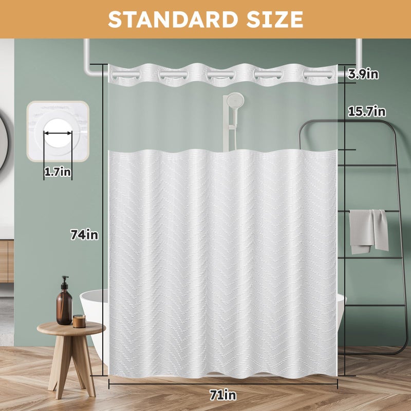 FADOTY No Hook Shower Curtain and Snap in Liner Set White Tufted Chevron Striped Cloth Waterproof Washable Fabric Boho Bath Curtain with See Through Mesh Top Window for Bathroom Hotel 71"" x 74"" - Image 5