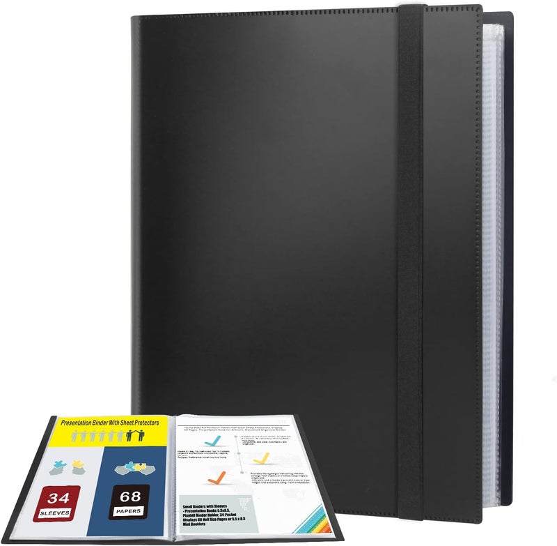 Aevdor 5.5x8.5 مجلد صغير بأكمام، كتاب عرض 5.5x8.5، عرض 34 جيبًا 68 صفحة نصف حجم، حامل مجلد البرنامج، مجلد نصف حجم للكتيبات الصغيرة للأعمال الفنية والبرامج والرسومات والصور، أسود - Image 1