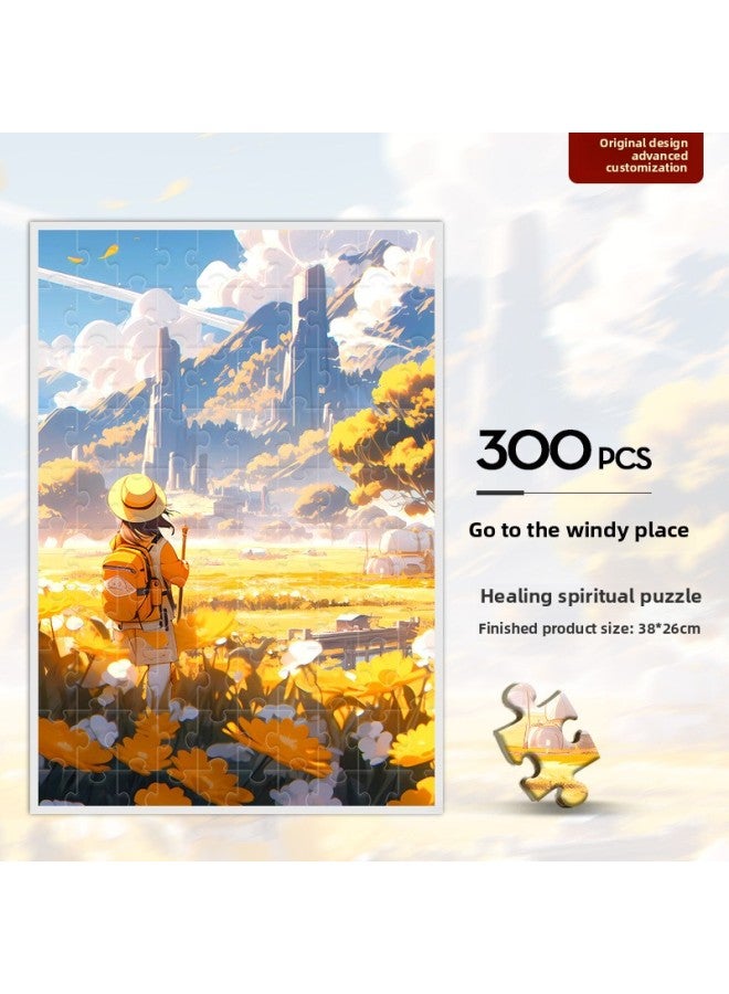 Deai Wai Healing Department 300 Piece Resin Jigsaw Puzzle Diy Assembled Decorative Painting National Day Mid-Autumn Festival Toy Gift Box-Color:[Cure 300 Pieces] Go To Windy Places 38*26cm - Image 1