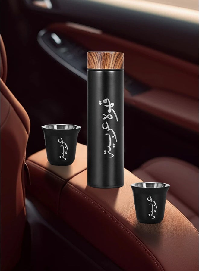 Aijmil 3pcs/set Coffee Insulated Cup Set With 2 Cups, Arabic Coffee Thermos, Insulated Cup Gift Box Set Includes 500ml Stainless Steel Thermos And 2 80ml Double-Layer Coffee Cups, Suitable For  Ramadan Gifts, Saudi National Day Gift. - Image 3