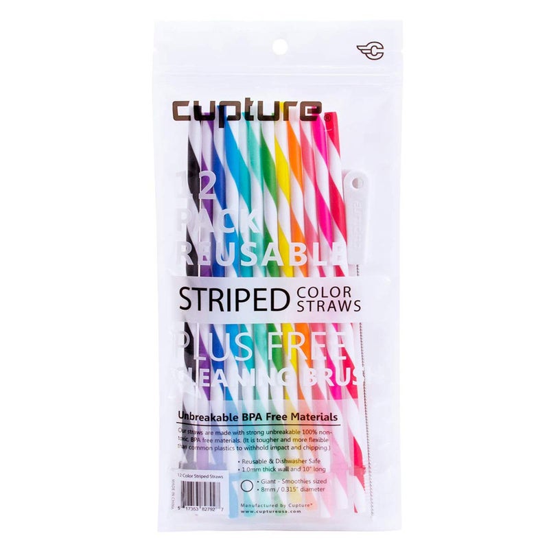 Cupture Reusable  Unbreakable Color Striped Straws  12 Count  Free Brush