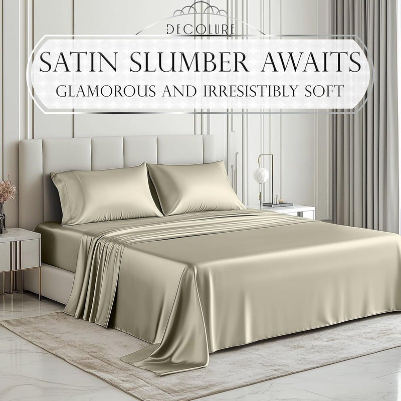DECOLURE Satin Sheets King Size Set 4 Pcs - Silky & Luxuriously Soft Satin Bed Sheets w/ 15 inch Deep Pocket - Similar to Silk Sheets - Double Stitching, Wrinkle Free (Taupe) - Image 2