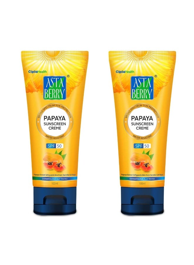 Astaberry Papaya Sunscreen Creme Spf 50 With Papaya Extract ; Dermatologist Formulated ; Nonsticky ; Lightweight ; Protected Skin From Uva And Uvb Rays ; (Pack Of 2 (100Ml X 2)) - Image 1