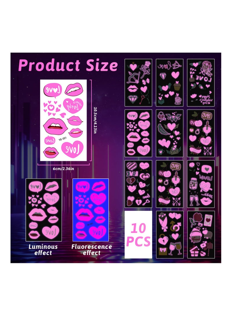 KASTWAVE Couple Temporary Tattoos Glow in Dark, Pink Heart Shaped Love Glow In The Dark Tattoos Stickers, 10 Sheet Waterproof UV Blacklight Love Neon Fake Rave Tattoos for Women Men Girls Body Face Art - Image 5