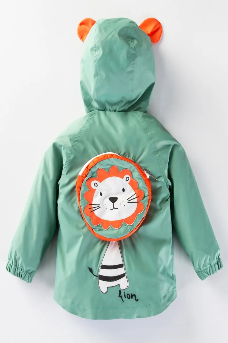 Podium Giyim Podium Clothing Cute Lion Backpack Cotton Lined Eared Hooded Kids Raincoat Overalls Coat