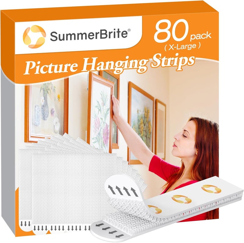 Summerbrite XL Picture Hanging Strips Heavy Duty, 80 Strips Damage Free Removal Picture Hangers for Wall, Sticky Hook & Loop Adhesive Strips for Poster/Picture/Home/Office, 40 Pairs/X-Large, White - Image 1