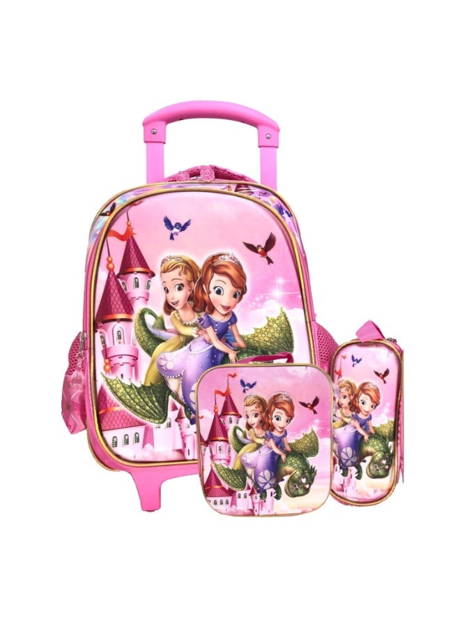 i-kola Pink SF 15T3 15-Inch 3D 3PC Kids Trolley Set | Rolling School Bag with Spill-Proof Lunch Bag & Pencil Case | Wheeled School Luggage for Boys & Girls (IK308-15T3) - Image 1