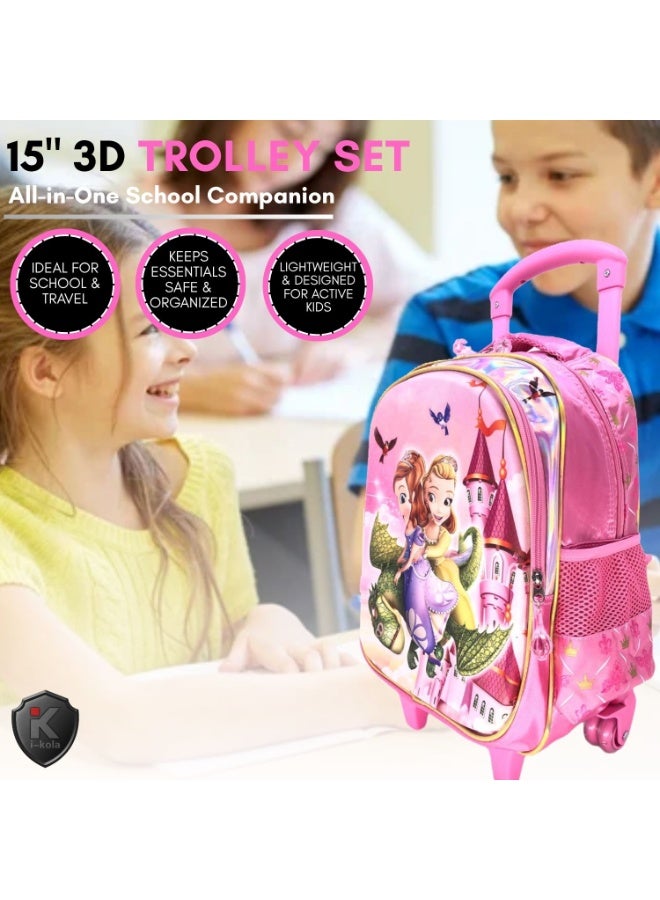 i-kola Pink SF 15T3 15-Inch 3D 3PC Kids Trolley Set | Rolling School Bag with Spill-Proof Lunch Bag & Pencil Case | Wheeled School Luggage for Boys & Girls (IK308-15T3) - Image 3
