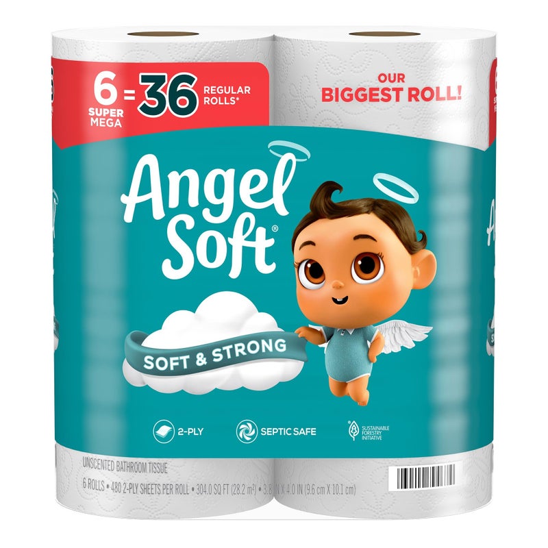 Angel Soft ورق تواليت أنجل سوفت 6 لفات سوبر ميغا 36 لفة عادية ورق تواليت ناعم وقوي - Image 3