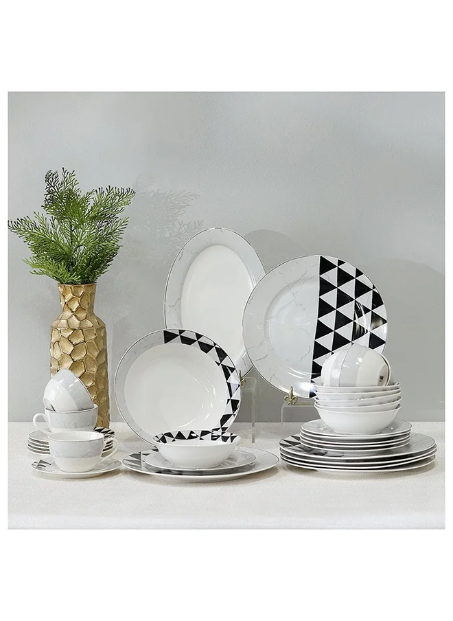 دانوب هوم Geometric 32 Piece New Bone China Dinner Set Includes Dinner Plate Soup Plate Bowls Cups Saucers For Kitchen And Dining Room Serve 6 37.5X27.5X28.5 Cm Black