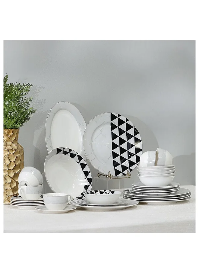 دانوب هوم Geometric 32 Piece New Bone China Dinner Set Includes Dinner Plate Soup Plate Bowls Cups Saucers For Kitchen And Dining Room Serve 6 37.5X27.5X28.5 Cm Black