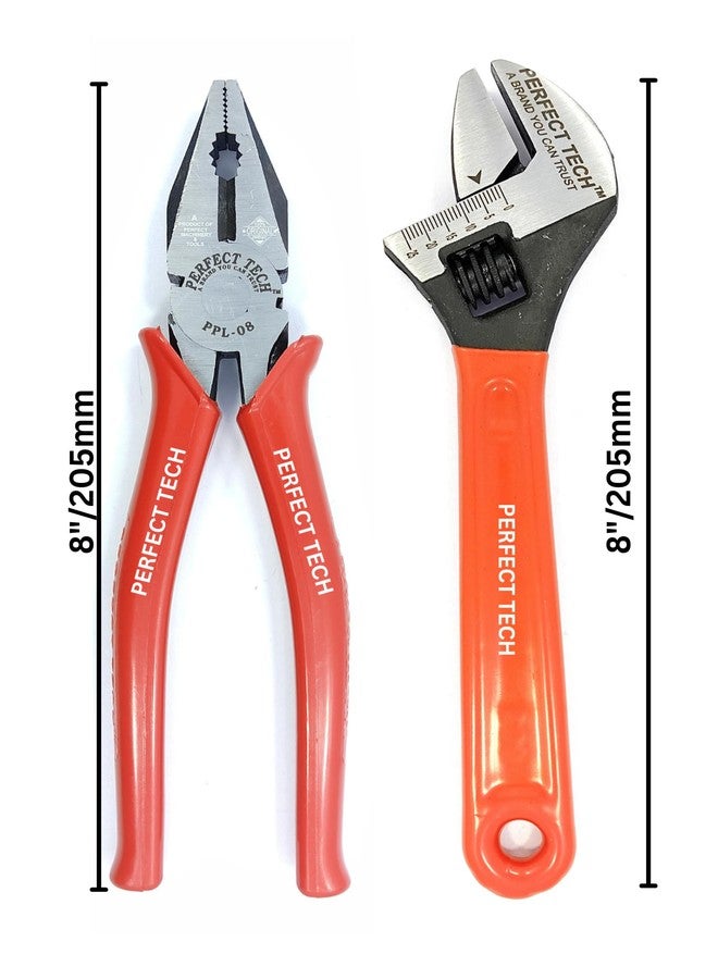 PERFECT TECH COMBO OF COMBINATION PLIER 8" & ADJUSTABLE WRENCH 8" (Red) - Image 2