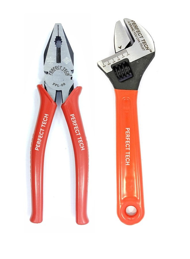 PERFECT TECH COMBO OF COMBINATION PLIER 8" & ADJUSTABLE WRENCH 8" (Red) - Image 1