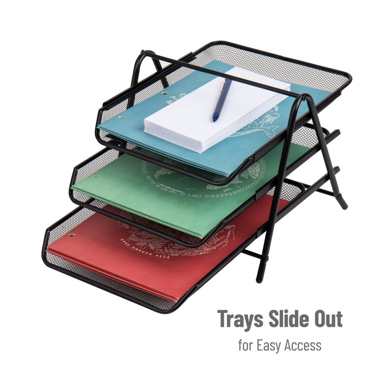 Mind Reader 3-Tier Paper Tray, Desktop Organizer, File Storage, Workspace, Office, Metal Mesh, 11.75"L x 13.75"W x 10"H, Black - Image 4