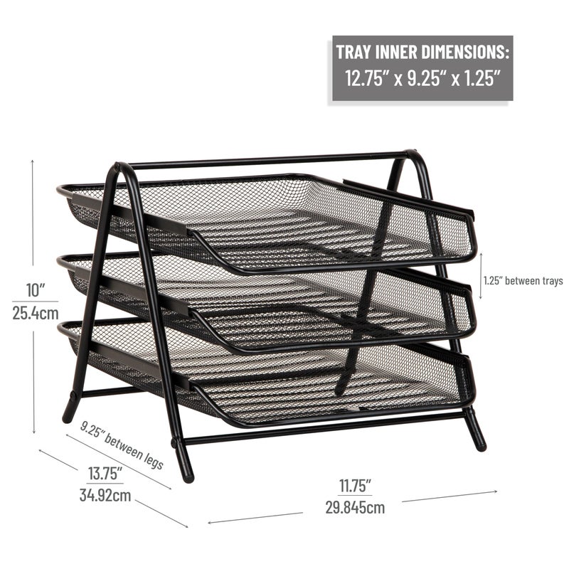 Mind Reader 3-Tier Paper Tray, Desktop Organizer, File Storage, Workspace, Office, Metal Mesh, 11.75"L x 13.75"W x 10"H, Black - Image 3