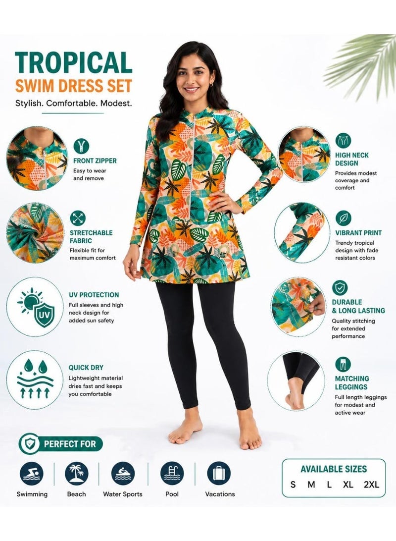 Featherland Women’s Modest Two-Piece Swimwear Set with Tropical Leaf Print Long-Sleeve Zip Tunic and Full-Length Black Leggings - Image 2