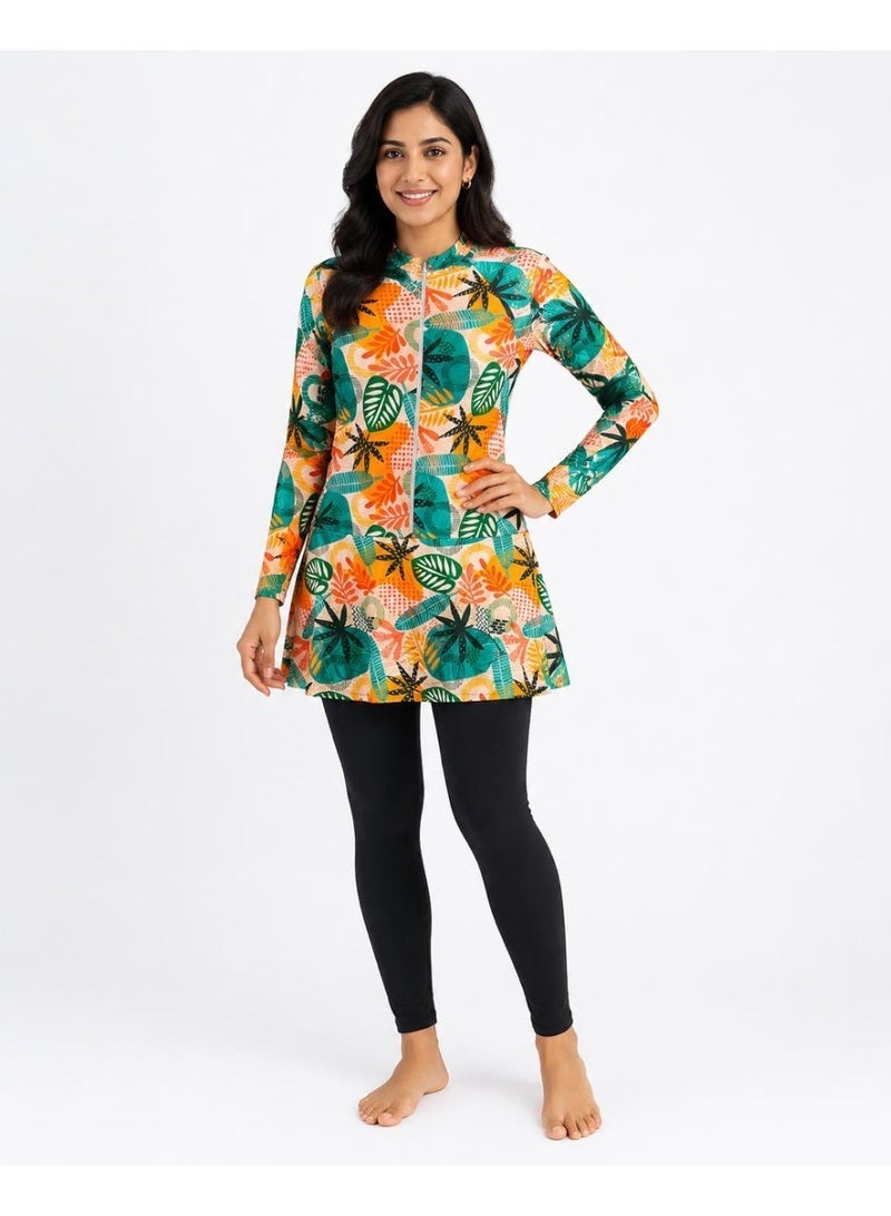 Featherland Women’s Modest Two-Piece Swimwear Set with Tropical Leaf Print Long-Sleeve Zip Tunic and Full-Length Black Leggings - Image 3