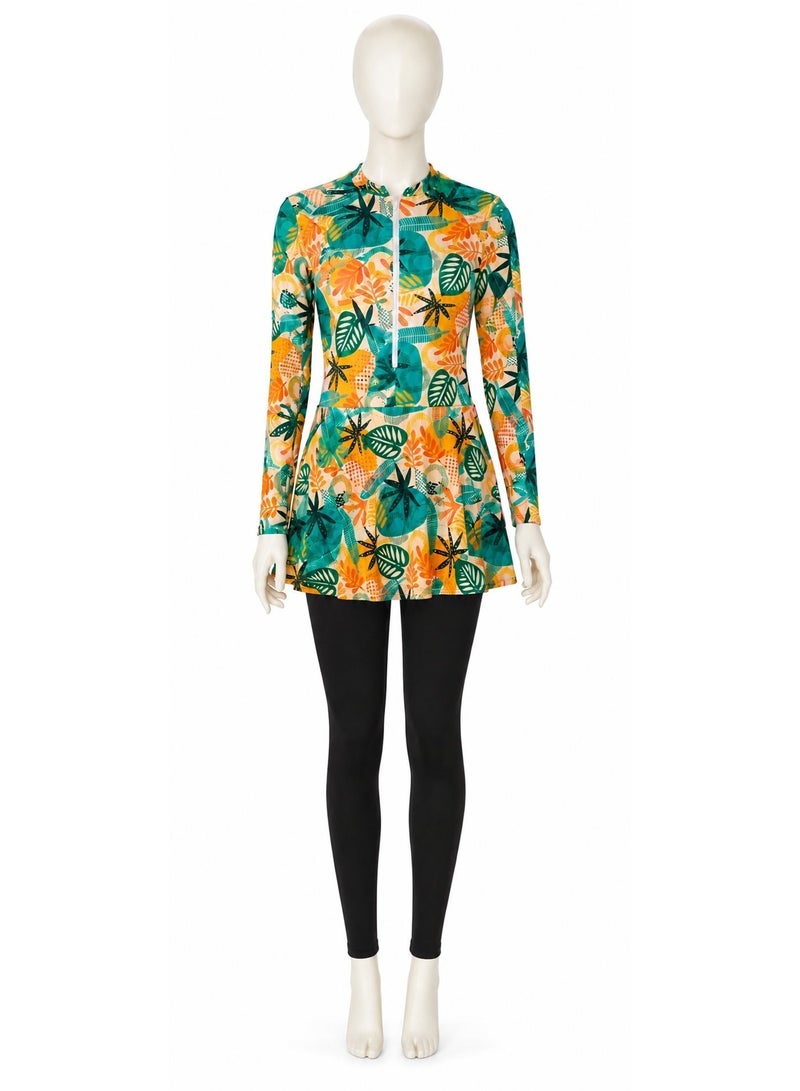 Featherland Women’s Modest Two-Piece Swimwear Set with Tropical Leaf Print Long-Sleeve Zip Tunic and Full-Length Black Leggings - Image 1