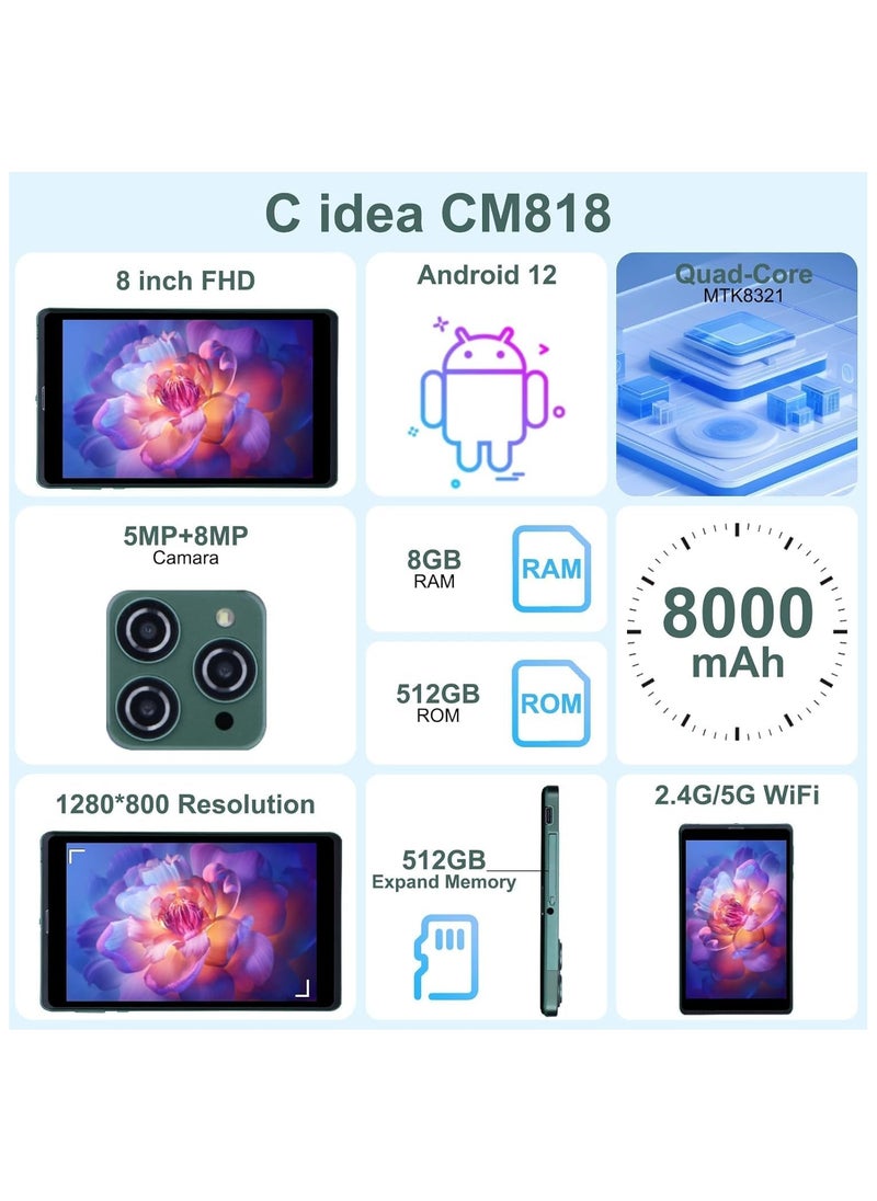 ريبنيو - Tablet CM818 حجم الشاشة 8 بوصة، نوع شاشة IPS، يدعم شريحة اتصال واحدة، 5G LTE، حافظة حماية مدعومة بالواي فاي، ذاكرة وصول عشوائي 8 جيجابايت، سعة تخزين 256 جيجابايت (رمادي) - Image 1