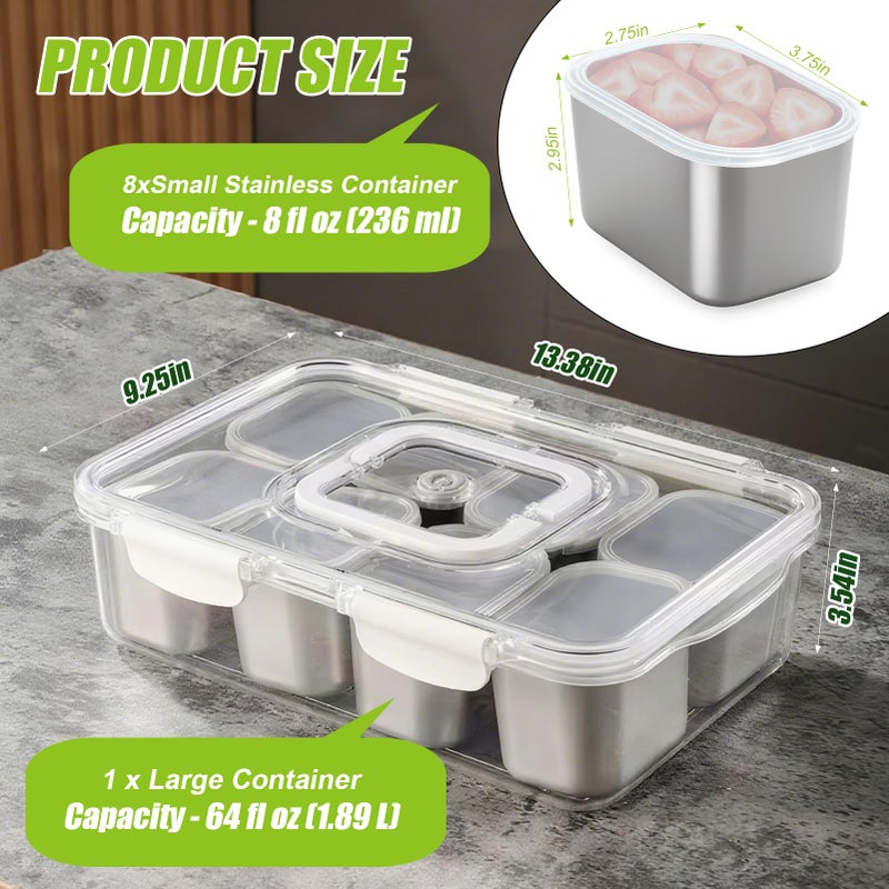 Solldgt Snackle Box Container Stainless Steel - Reusable 8 Compartment Divided Serving Tray with Lid and Handle, Clear Portable Snack Containers Platters Storage Organizer for Snacks Fruit Candy Veggie Nuts - Image 3