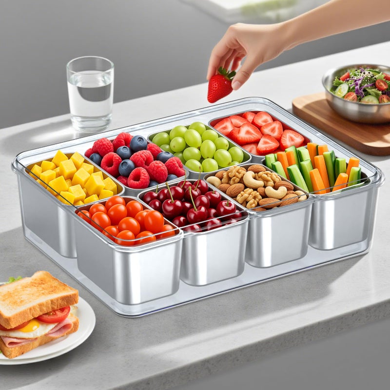 Solldgt Snackle Box Container Stainless Steel - Reusable 8 Compartment Divided Serving Tray with Lid and Handle, Clear Portable Snack Containers Platters Storage Organizer for Snacks Fruit Candy Veggie Nuts - Image 2