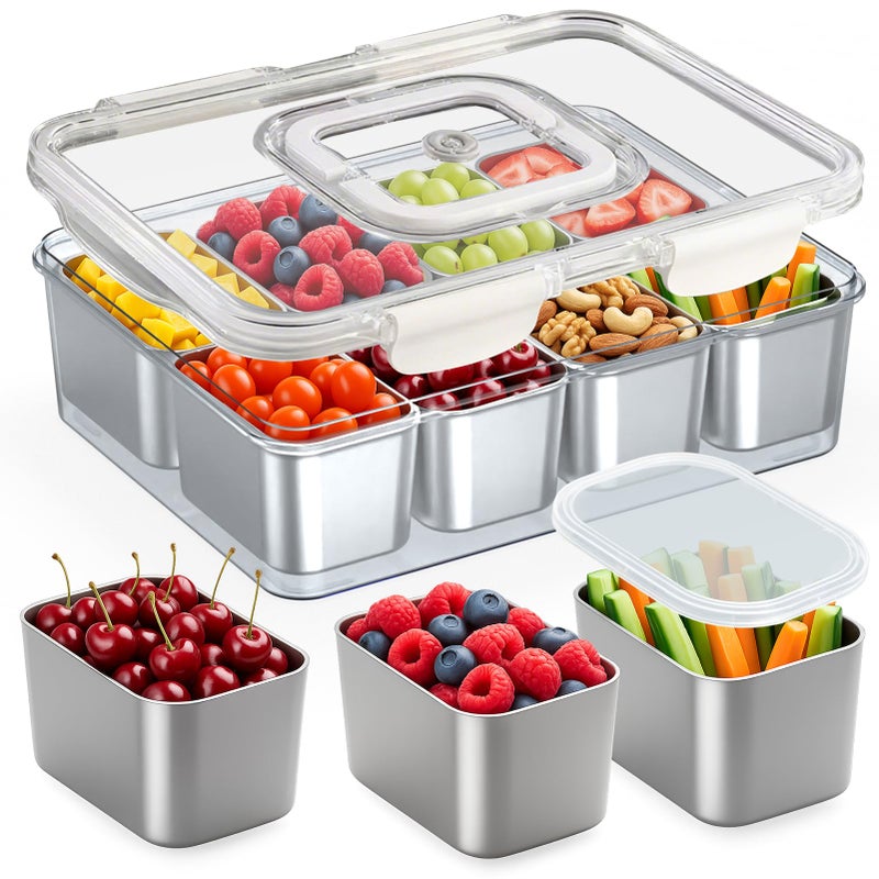 Solldgt Snackle Box Container Stainless Steel - Reusable 8 Compartment Divided Serving Tray with Lid and Handle, Clear Portable Snack Containers Platters Storage Organizer for Snacks Fruit Candy Veggie Nuts - Image 1